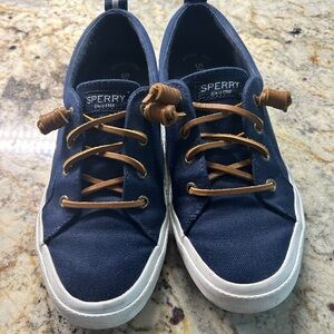 Sperry Women’s Navy Canvas Boat Shoes with Brown Laces